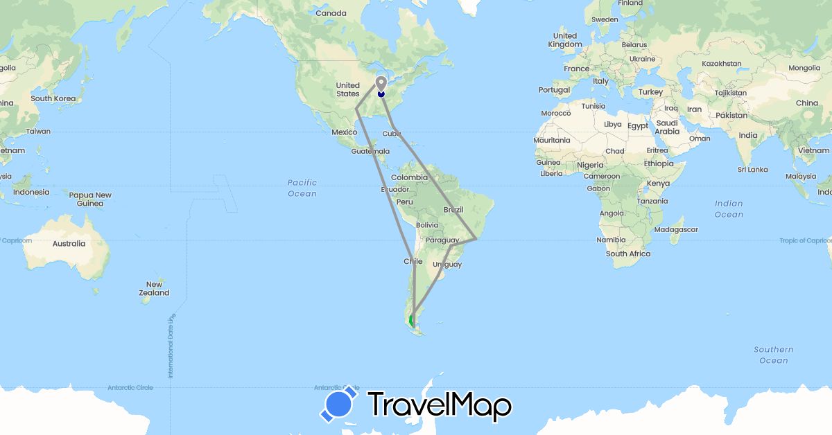 TravelMap itinerary: driving, bus, plane in Argentina, Brazil, Chile, United States (North America, South America)